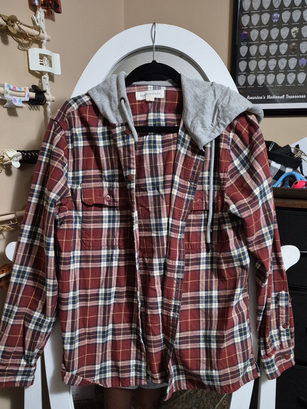 Aeropostale Red Plaid Hooded Shirt Jacket with Gray Hood